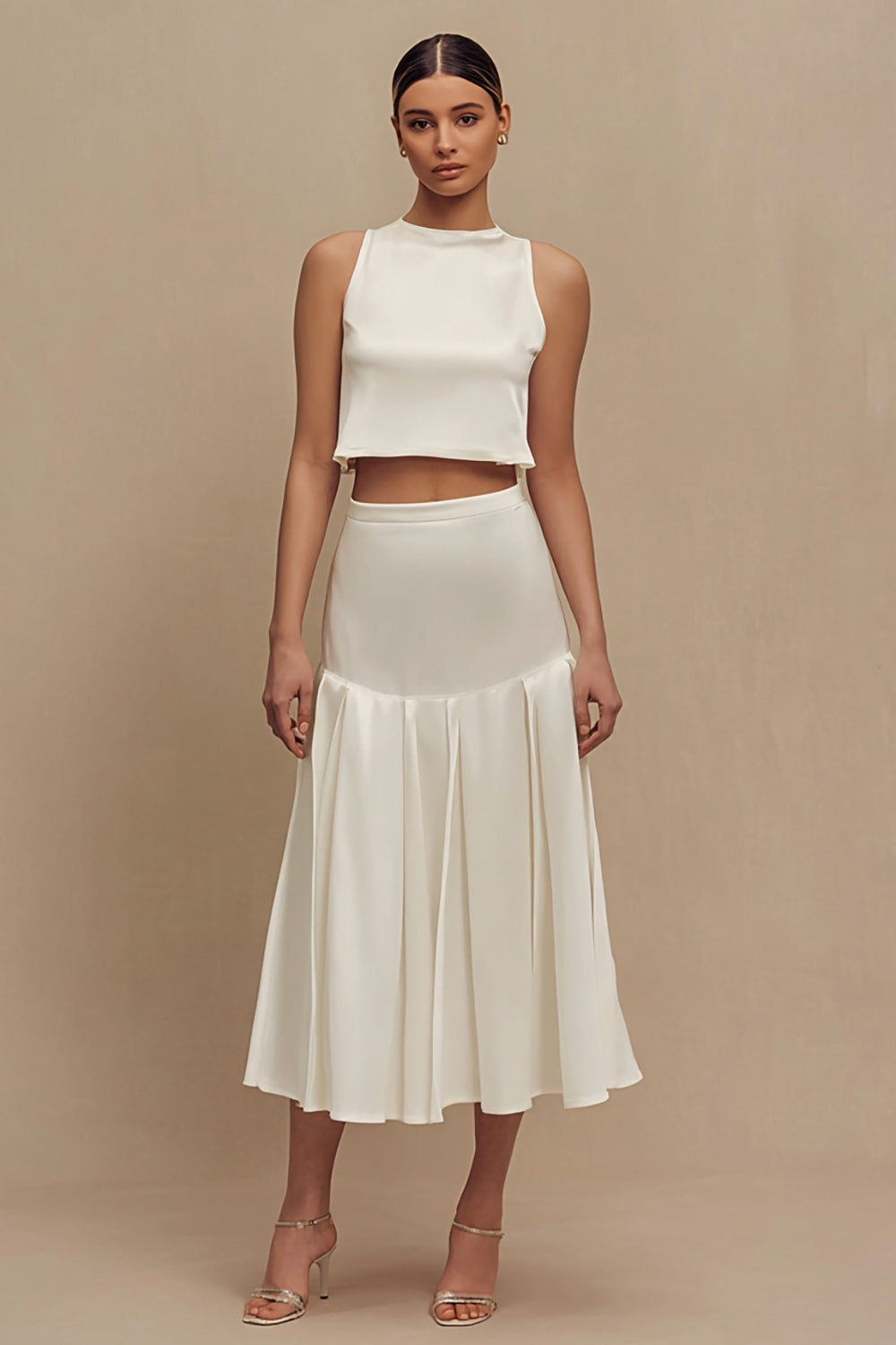 2 Piece A Line Ruffled Midi White Dress